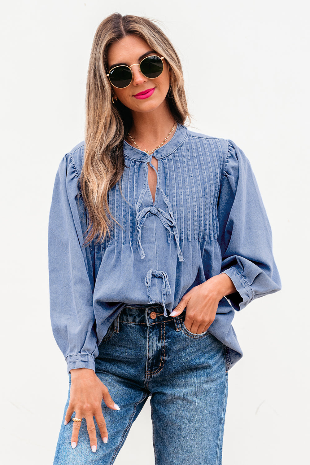 Myosotis denim puff sleeve blouse with front pintuck details and bow tie, casual top from ModestAndDevoted.