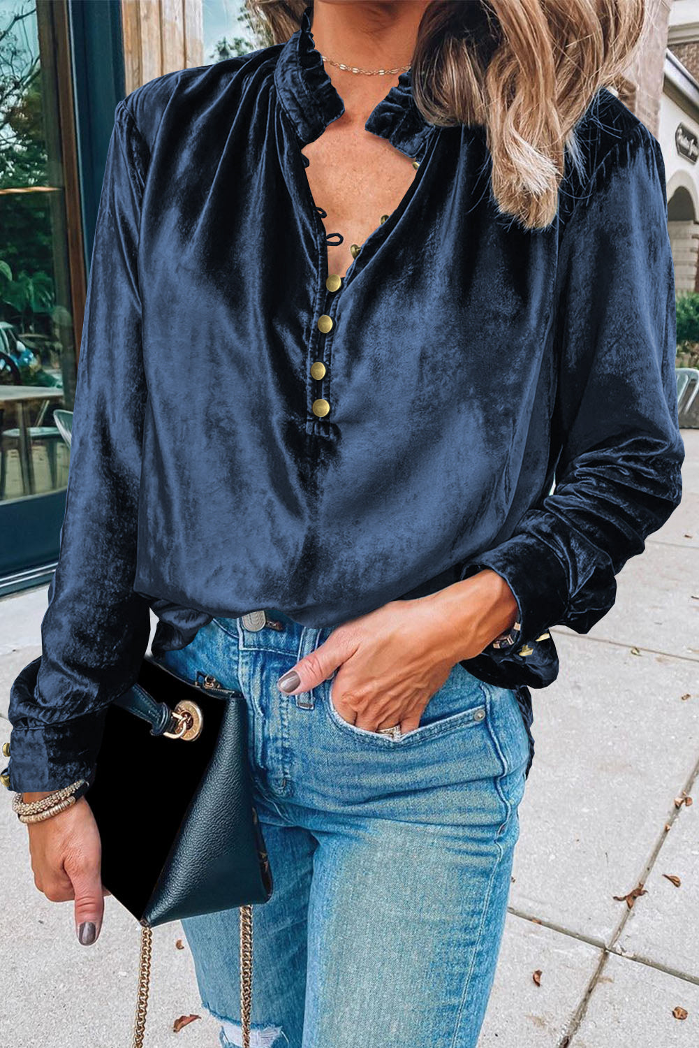 Navy blue velvet top by ModestAndDevoted with a frilled neckline and buttoned front, made of polyester and elastane, stylish blouse.