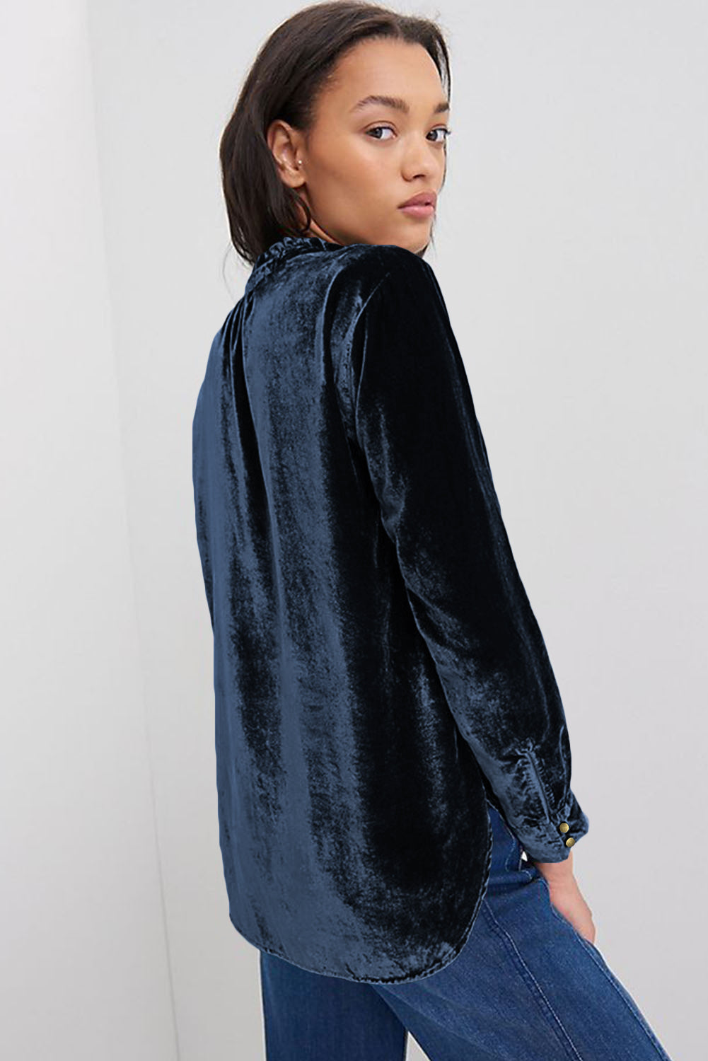 Navy blue velvet top with frilled neckline and buttoned front, from ModestAndDevoted, designed for stylish blouses and shirts.