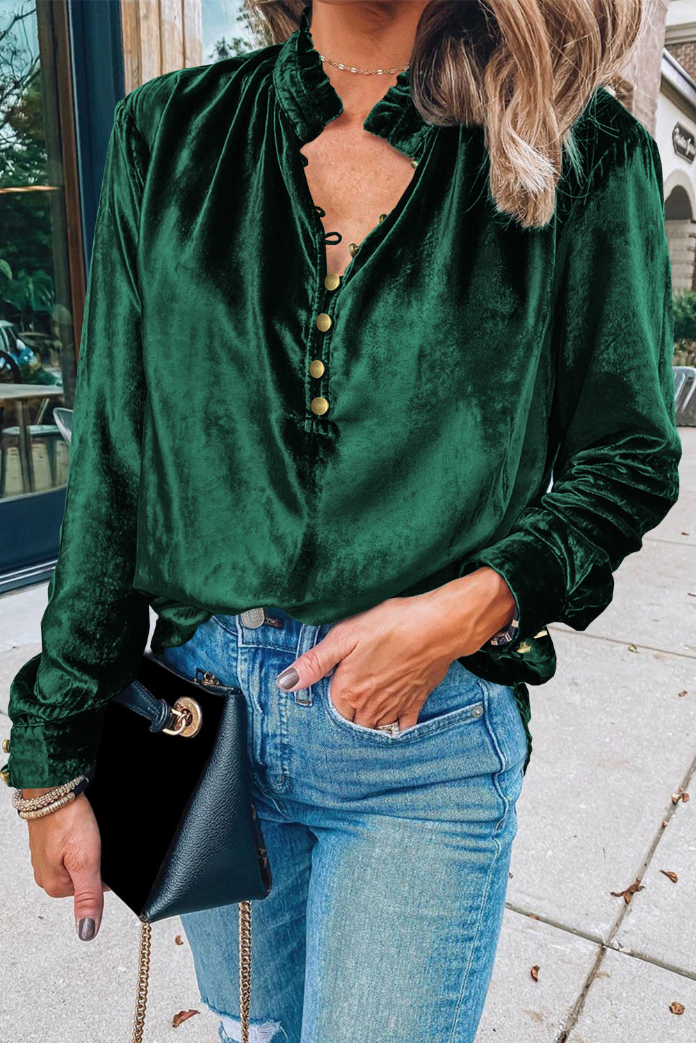 Navy blue velvet top with a frilled neck and buttoned front, from ModestAndDevoted, featuring a stylish and comfortable blouse design.
