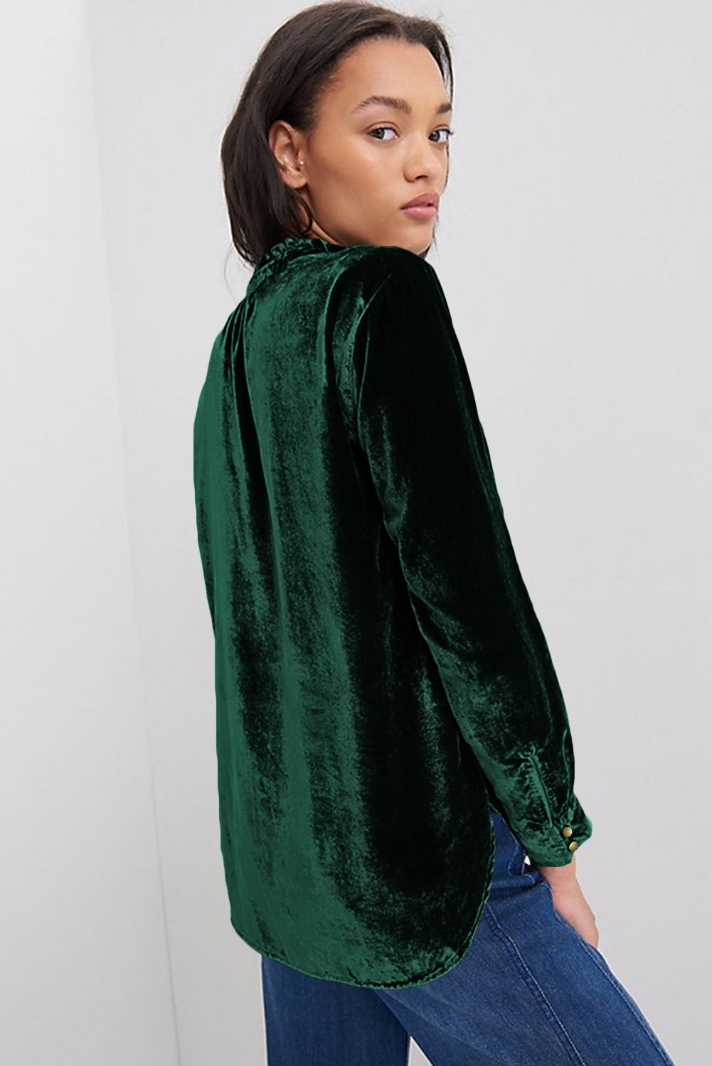Navy blue velvet top with frilled neckline and buttoned front by ModestAndDevoted, featuring a stylish blouse design.