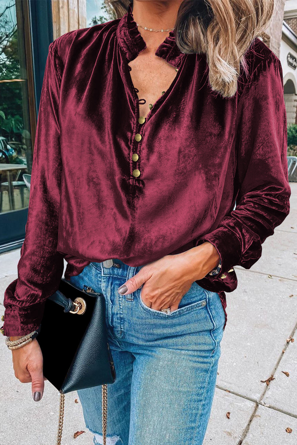 Navy blue velvet top with frilled neckline and button front, from ModestAndDevoted, featuring a fitted blouse style.