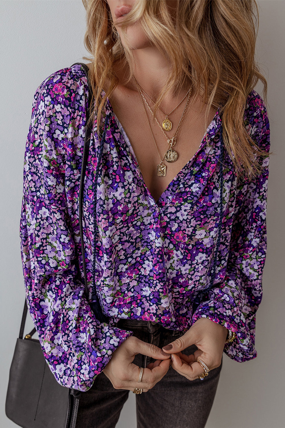 Purple Boho flower split V-neck blouse with bubble sleeves, made of polyester, from ModestAndDevoted.