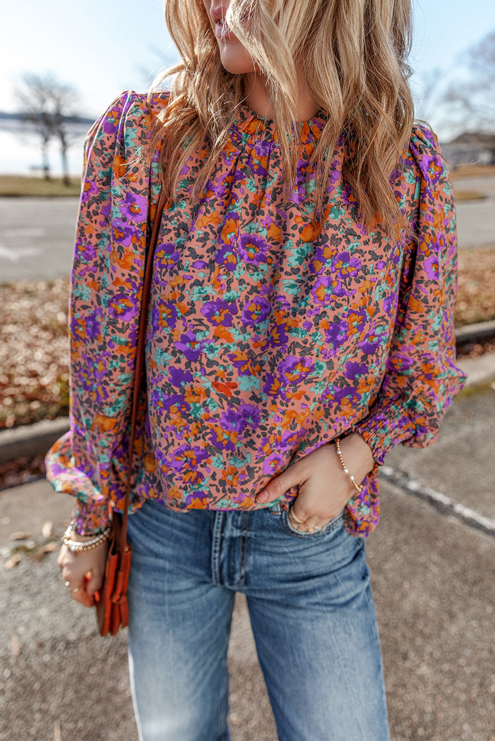 Purple floral print blouse by ModestAndDevoted featuring shirred cuffs, frilled O-neck, and allover floral design.