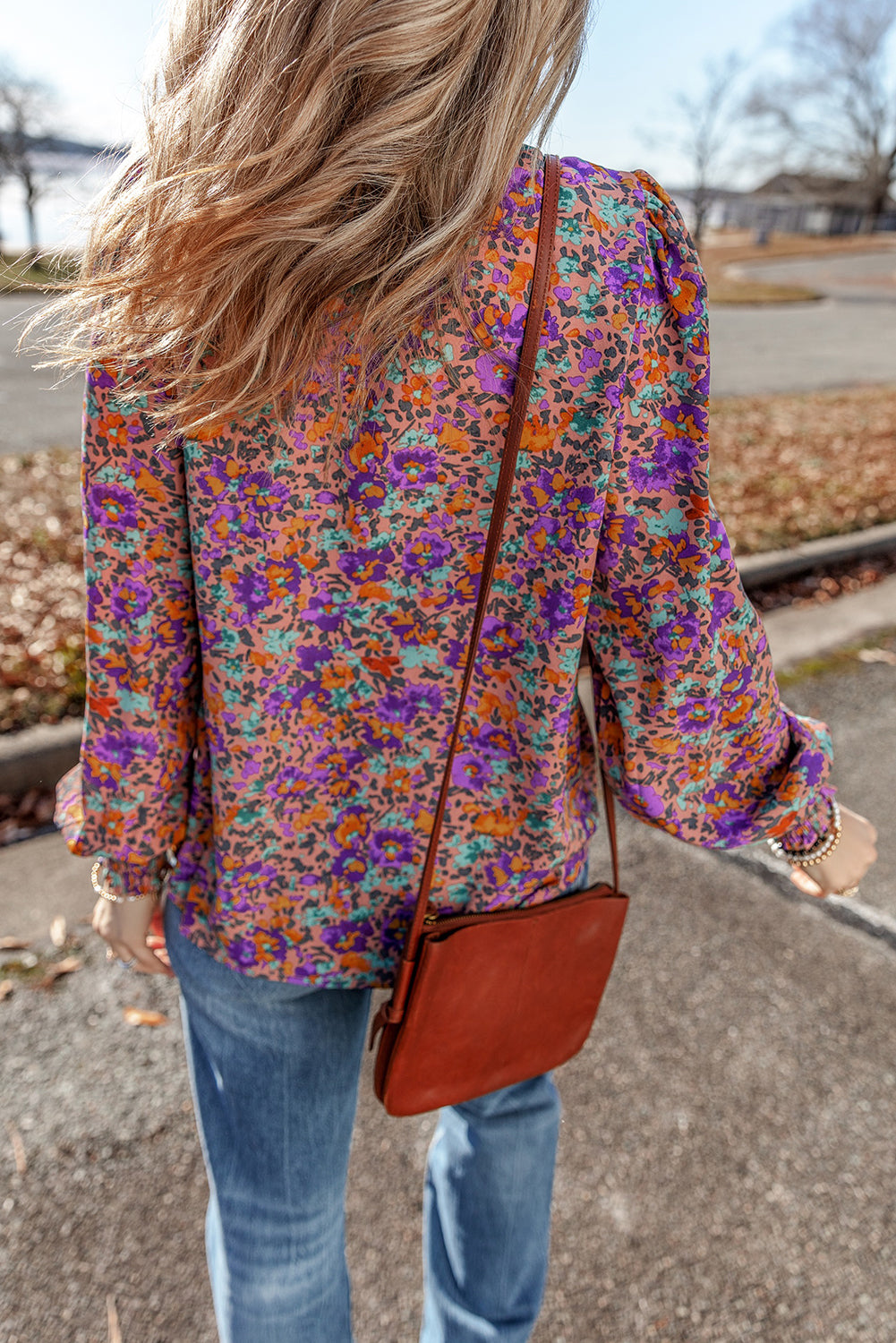 Purple floral allover print blouse by ModestAndDevoted featuring shirred cuffs, frilled O-neck, perfect for stylish tops and blouses.