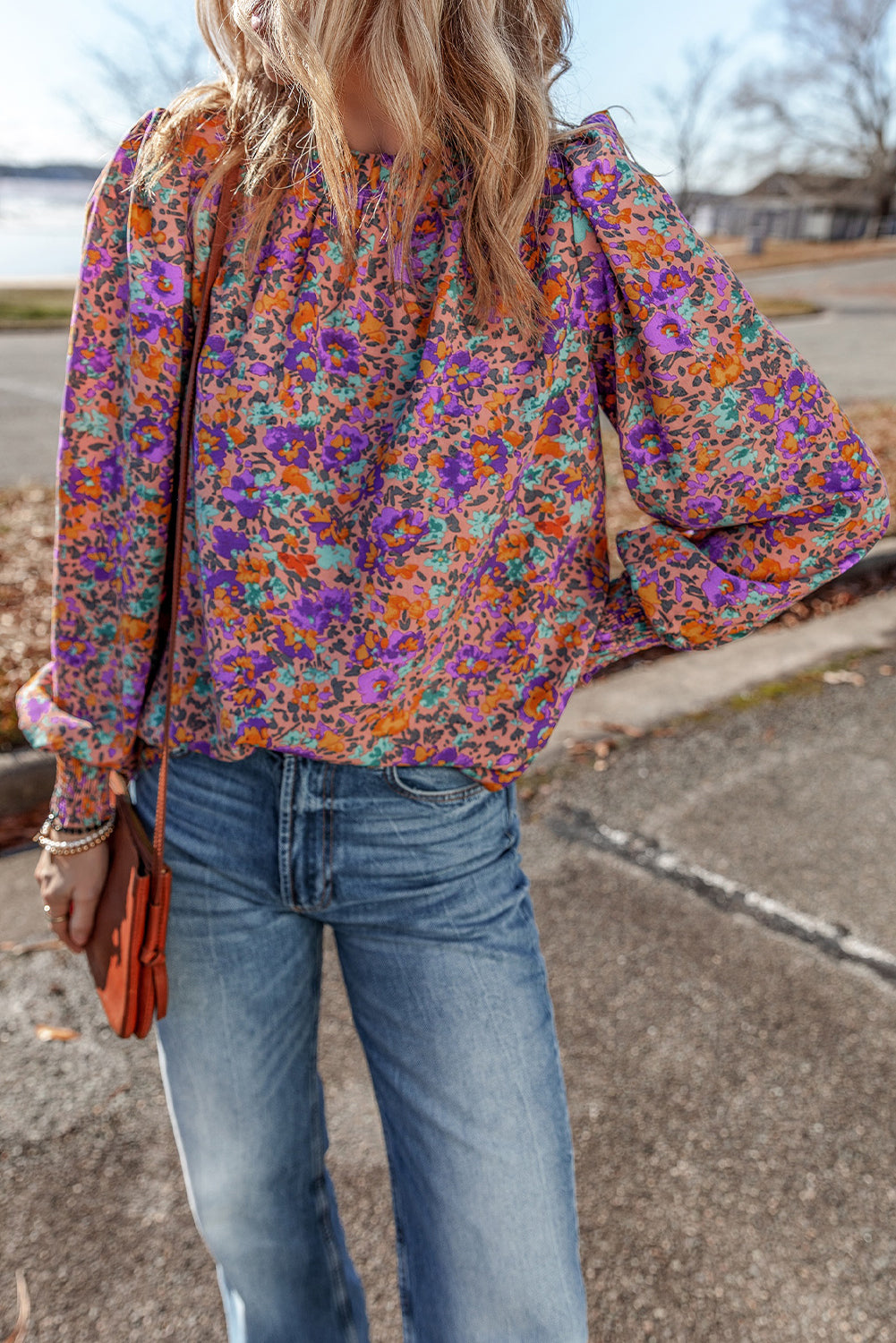 Purple floral print blouse with shirred cuffs, frilled O-neck, and polyester-elastane fabric from ModestAndDevoted.