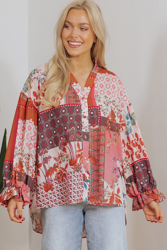 Red boho geometric patchwork bubble sleeve blouse from ModestAndDevoted, showcasing mixed prints and stylish design.