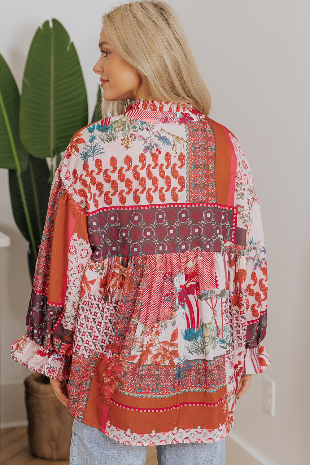 Red boho geometric patchwork blouse with bubble sleeves from ModestAndDevoted, featuring mixed print and stylish design.