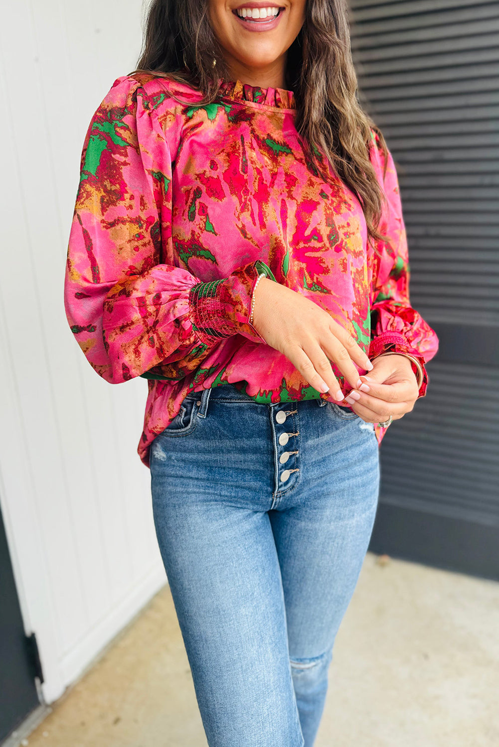 Rose abstract print blouse with frilly neckline and puff sleeves, by ModestAndDevoted, made of 100% polyester, stylish and feminine top.