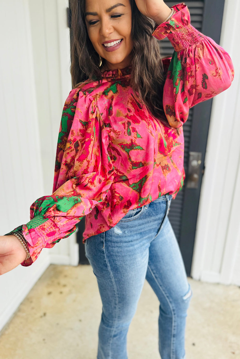 Rose abstract print puff sleeve blouse with frilly neckline, made of polyester, from ModestAndDevoted.