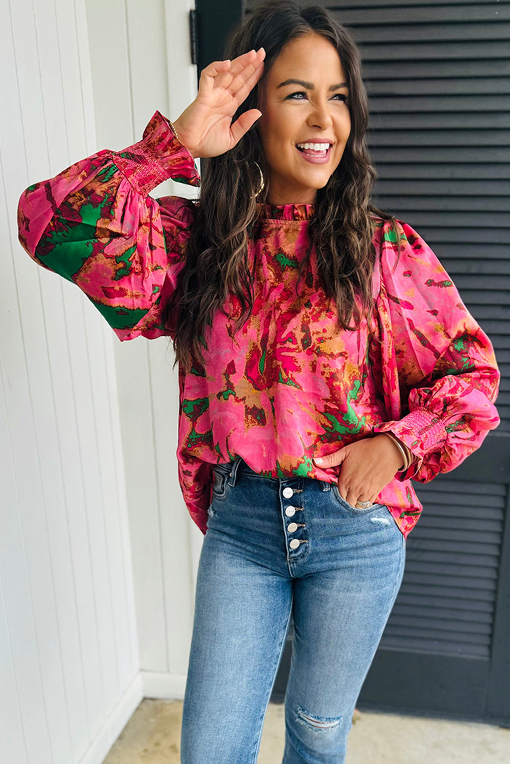 Rose abstract print blouse with frilly neckline and puff sleeves by ModestAndDevoted, made of polyester, perfect for stylish casual wear.