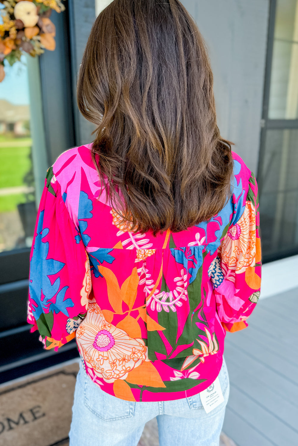 ModestAndDevoted rose blooming flower print ruffled puff sleeve blouse made of 100% polyester, stylish and feminine top.