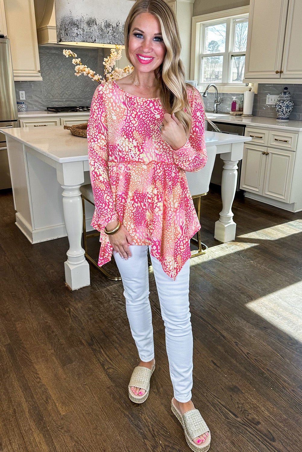 Rose Classic Leopard Print Handkerchief Hem Tunic Top by ModestAndDevoted, featuring a flowy silhouette and stylish pattern.