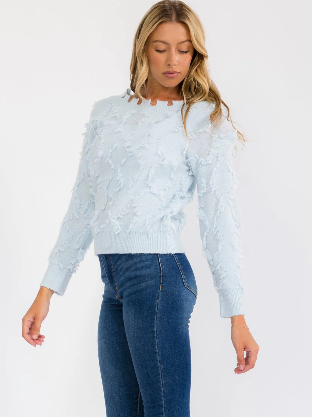 Ice blue long sleeve eyelash pullover sweater by ModestAndDevoted, featuring soft textured fabric and a cozy fit.