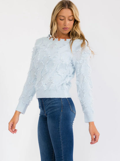 Ice blue long sleeve eyelash pullover sweater by ModestAndDevoted, featuring soft textured fabric and a cozy fit.