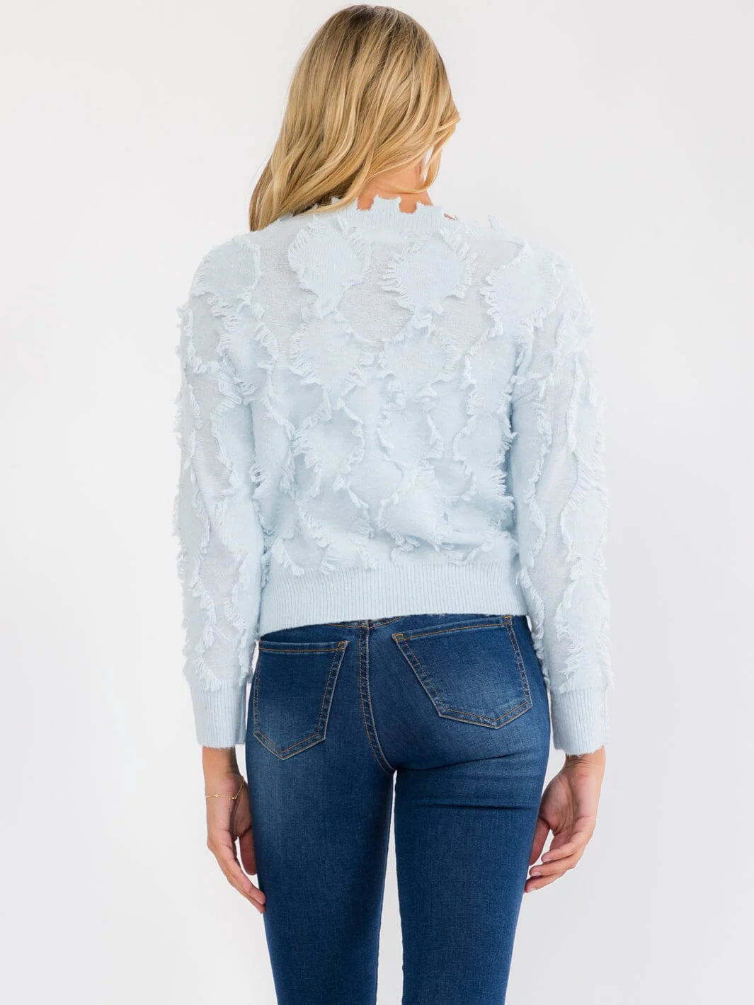 Ice blue long sleeve eyelash pullover sweater by ModestAndDevoted, showcasing soft fabric and cozy design for stylish comfort.