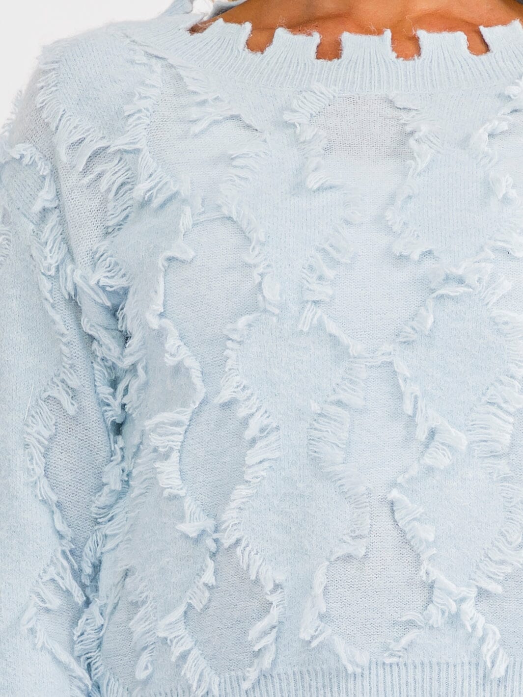 Ice blue long sleeve eyelash pullover sweater by ModestAndDevoted, soft knit top with textured eyelash detail for casual style.