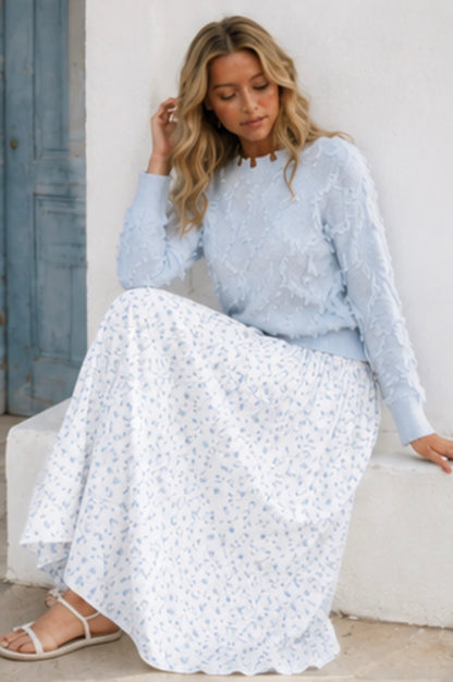 Ice blue long sleeve eyelash pullover sweater by ModestAndDevoted, featuring soft fabric and cozy fit, perfect for casual wear.
