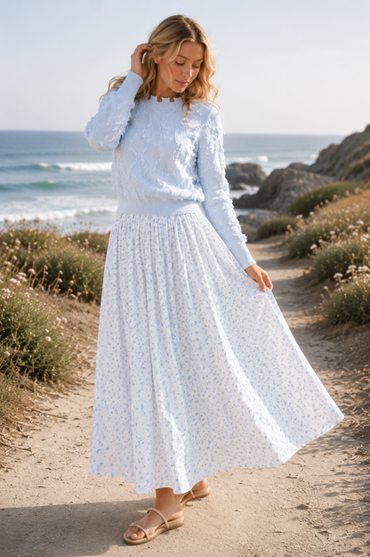Ice blue long sleeve eyelash pullover sweater by ModestAndDevoted, featuring soft, textured fabric and a cozy fit.