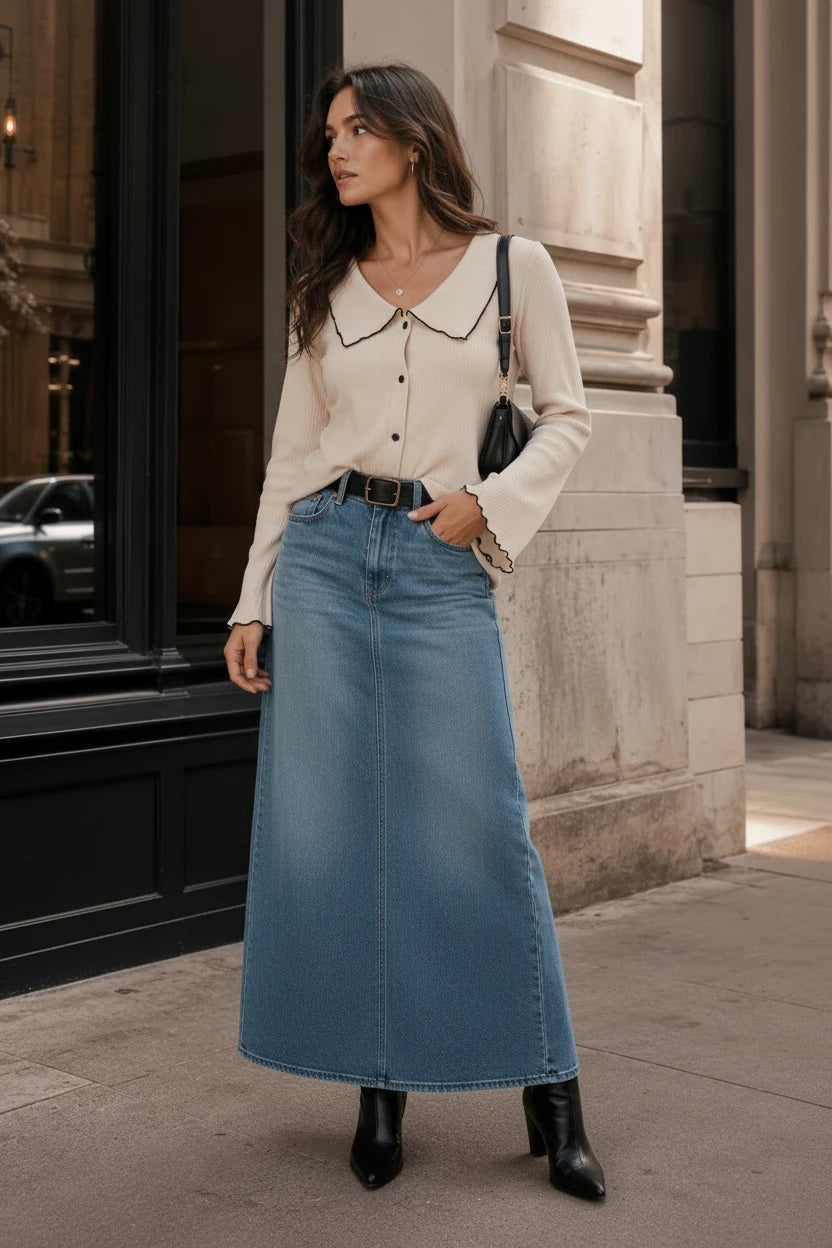 Beige women's long sleeve button-up blouse with trim collar by ModestAndDevoted, styled as a classic blouse for women.