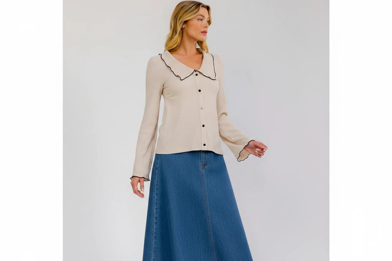 Beige women's long sleeve button-up blouse with trim collar, casual shirt from ModestAndDevoted, styled for a relaxed look.