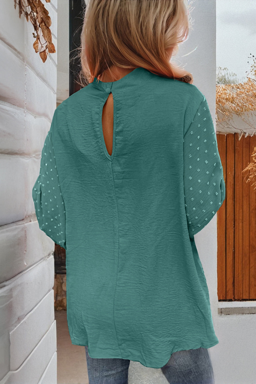 ModestAndDevoted Swiss Dot Balloon Sleeve Loose Blouse, lightweight polyester top with puffed sleeves and classic dot pattern.