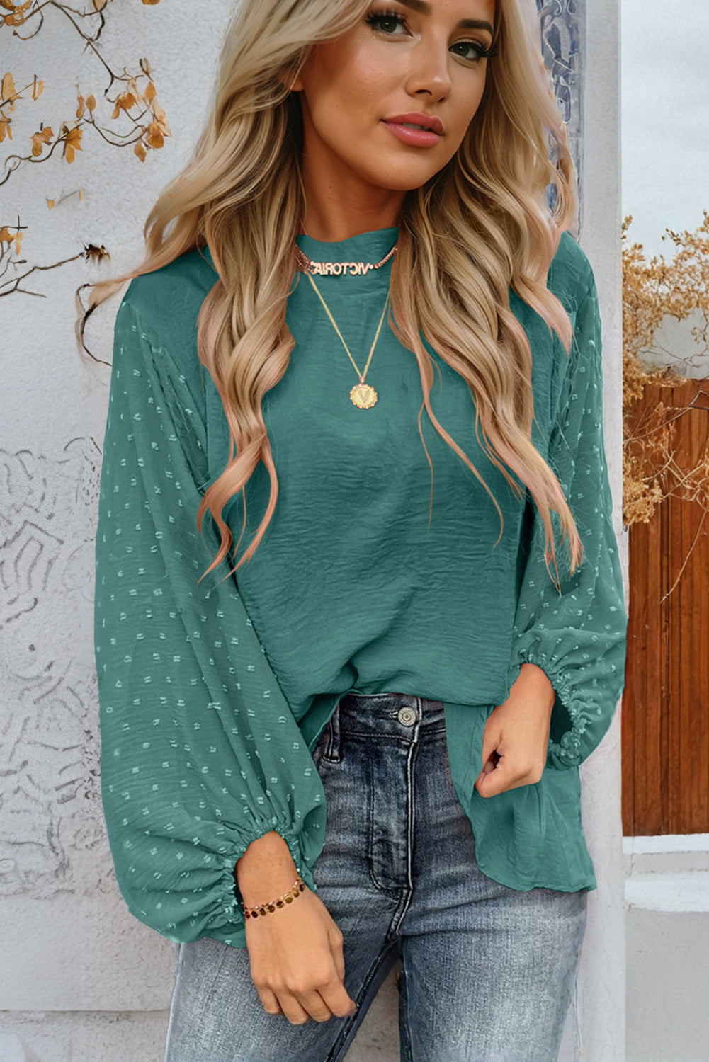 ModestAndDevoted Skobeloff Swiss Dot Balloon Sleeve Loose Blouse, lightweight polyester top with puffed sleeves and a relaxed fit.