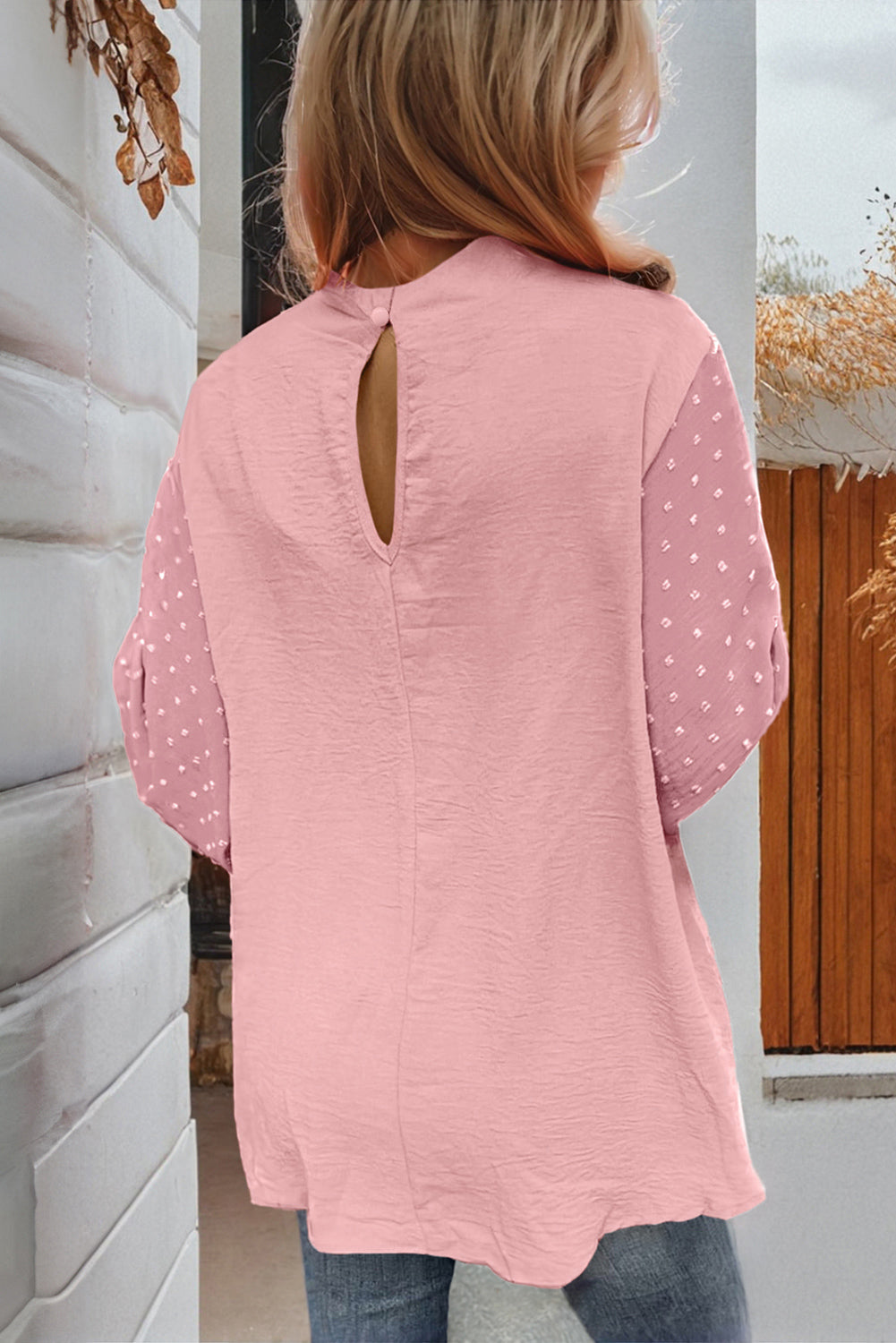 ModestAndDevoted Skobeloff Swiss Dot Balloon Sleeve Loose Blouse, lightweight polyester with puffed sleeves and a relaxed fit.