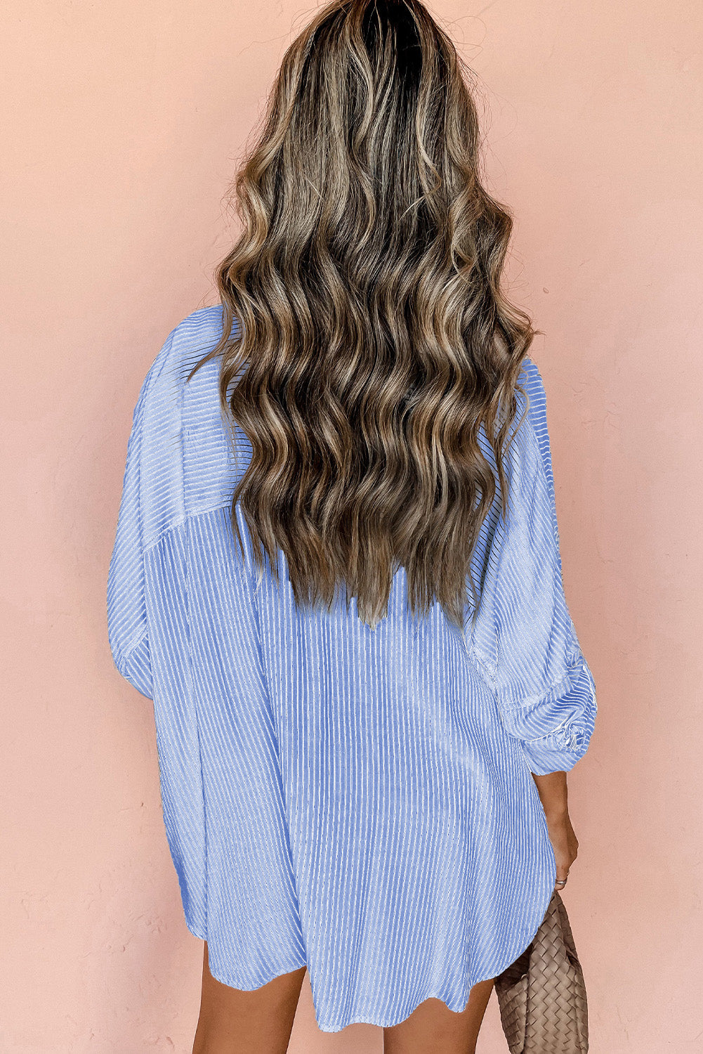 Sky blue striped long shirt with roll-tab sleeves and front pockets by ModestAndDevoted, made of polyester and cotton blend.