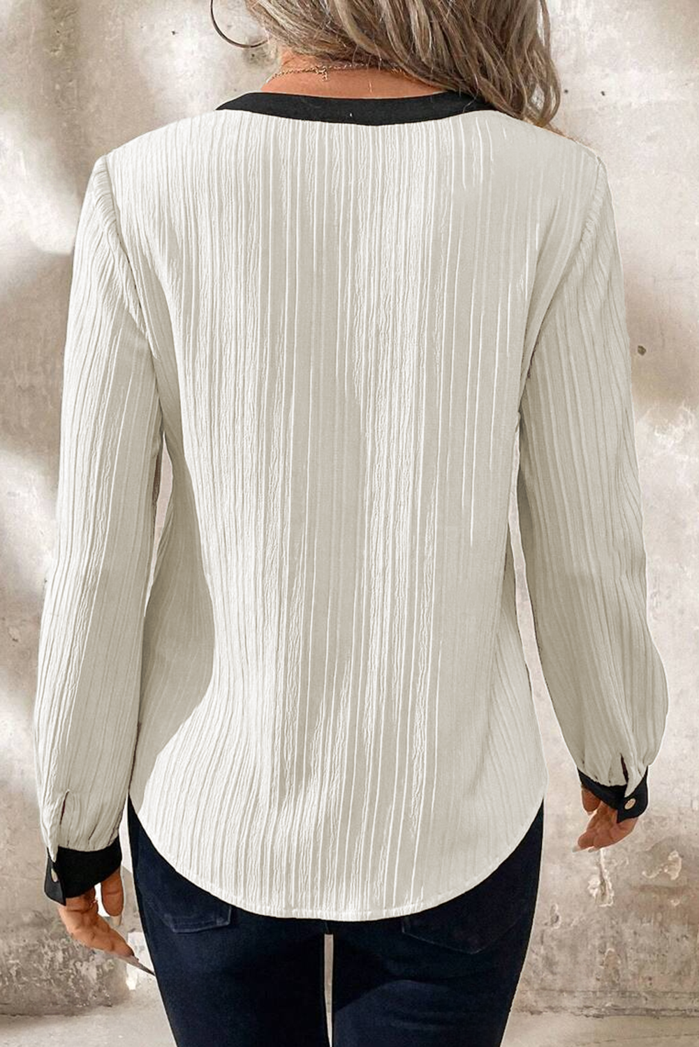White textured colorblock V-neck blouse by ModestAndDevoted, elegant top with polyester fabric and stylish design.