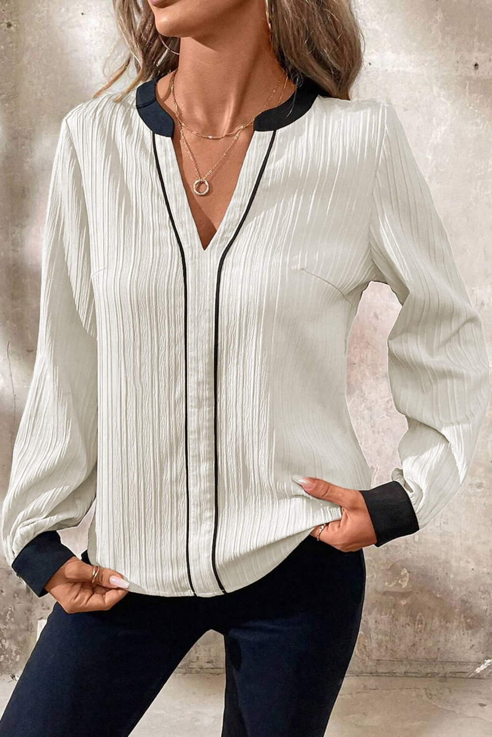 White textured colorblock V-neck blouse by ModestAndDevoted, elegant top with stylish design and comfortable polyester fabric