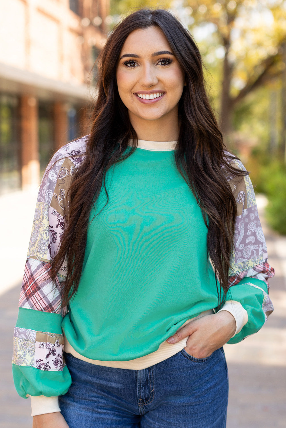 Aruba Blue plaid vintage paisley patchwork long sleeve raglan top by ModestAndDevoted, showing the colorful patterned fabric detail.