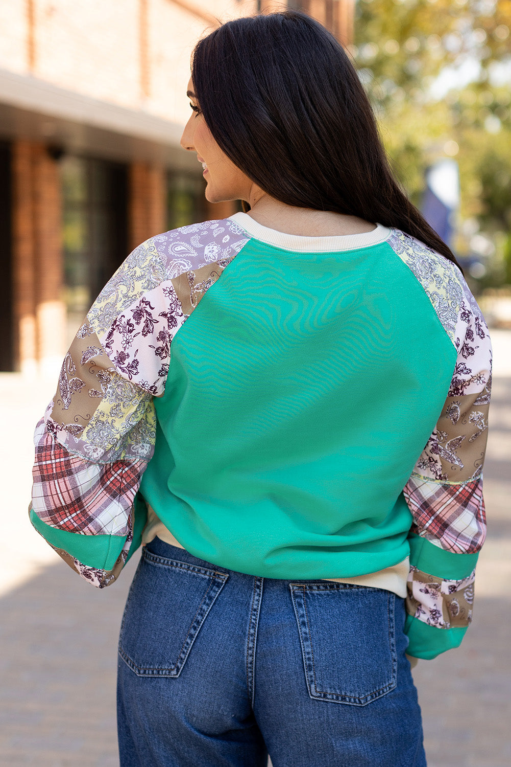 Aruba Blue Plaid Vintage Paisley Patchwork Long Sleeve Raglan Top by ModestAndDevoted, featuring a mix of plaid and paisley patterns.