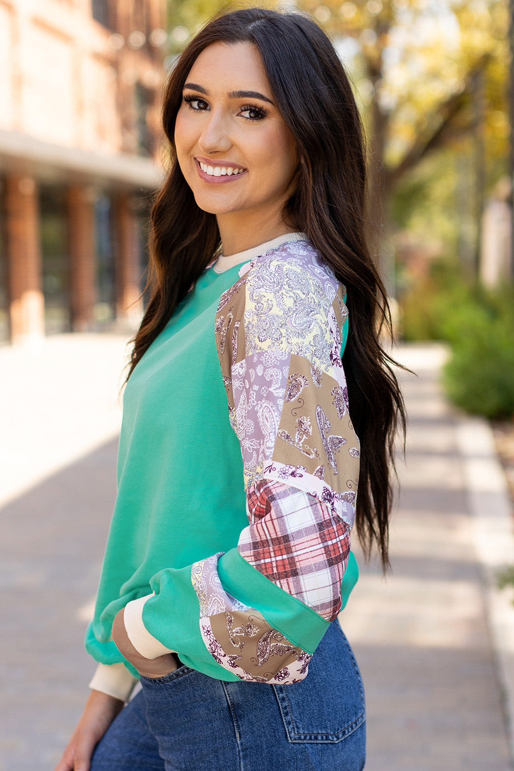 Aruba Blue plaid vintage paisley patchwork long sleeve raglan top by ModestAndDevoted, featuring mixed patterns and comfortable fabric.