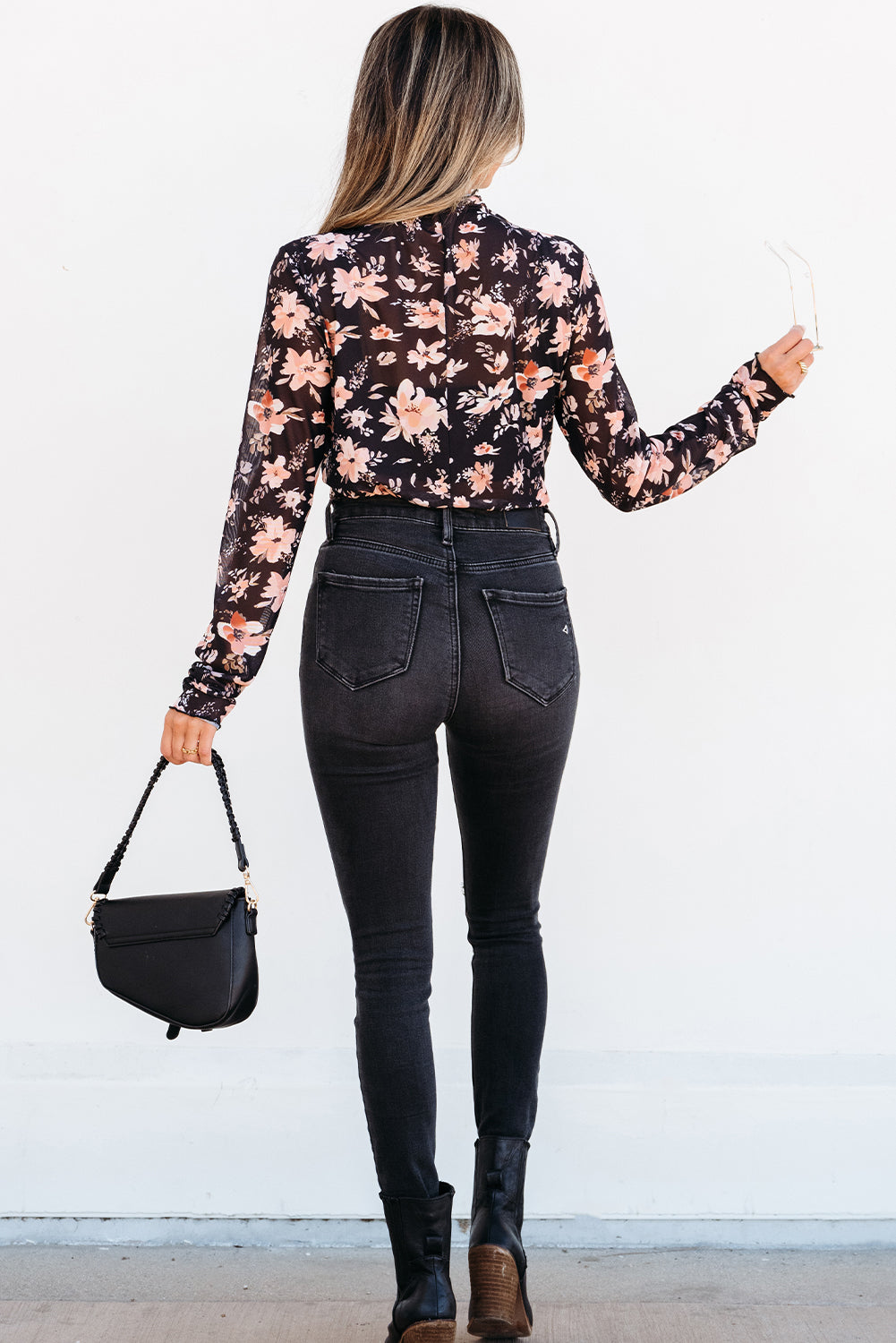 Black floral mesh long sleeve mock neck top by ModestAndDevoted, slim fit, stylish for casual or dressy occasions.