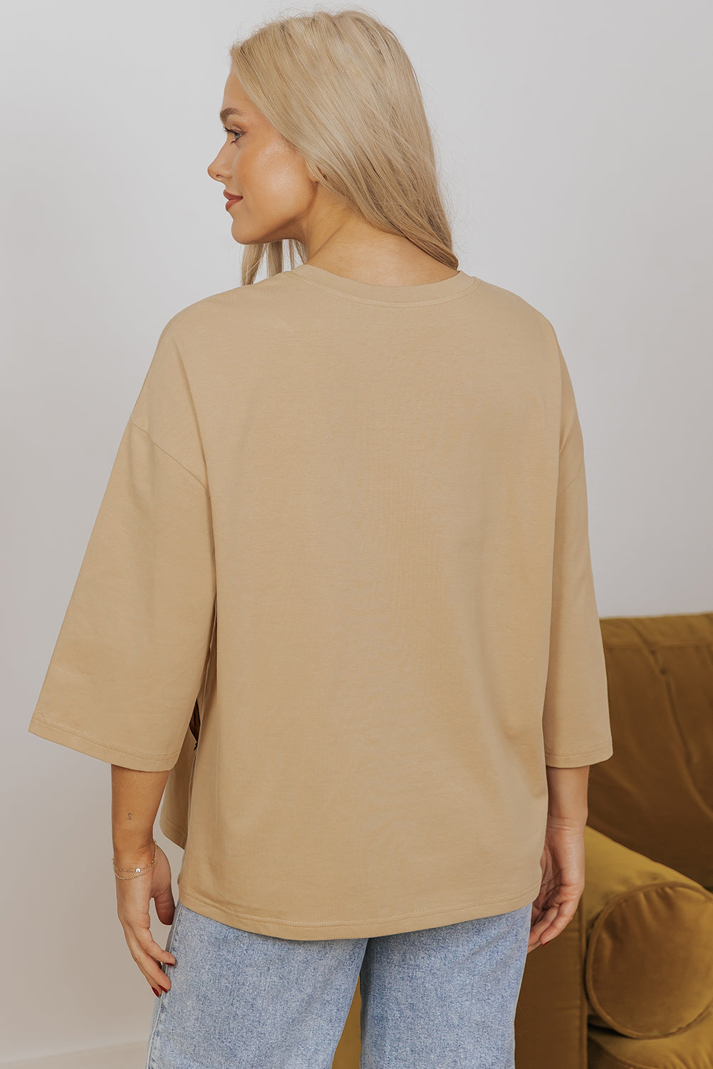 Camel floral star patchwork long sleeve top by ModestAndDevoted, featuring a stylish 3/4 length sleeve and comfortable cotton blend fabric.