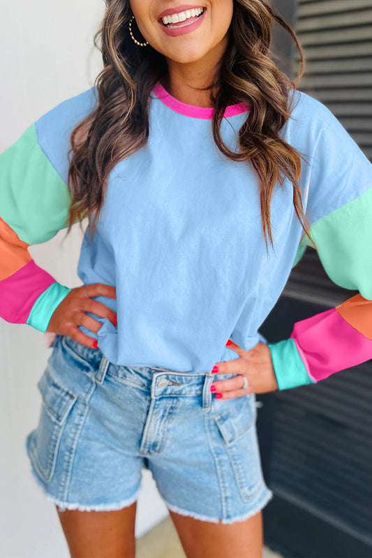 Dark blue colorblock patchwork long sleeve top by ModestAndDevoted, loose fit, cotton-elastane blend, casual women's long sleeve top