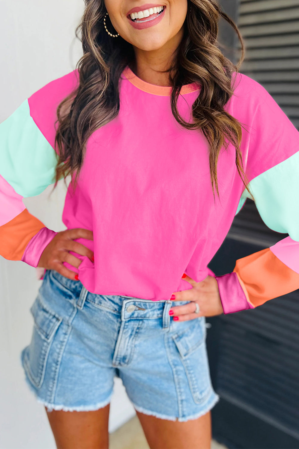 Dark blue colorblock patchwork long sleeve loose top by ModestAndDevoted, showcasing a casual, comfortable cotton-elastane blend design.