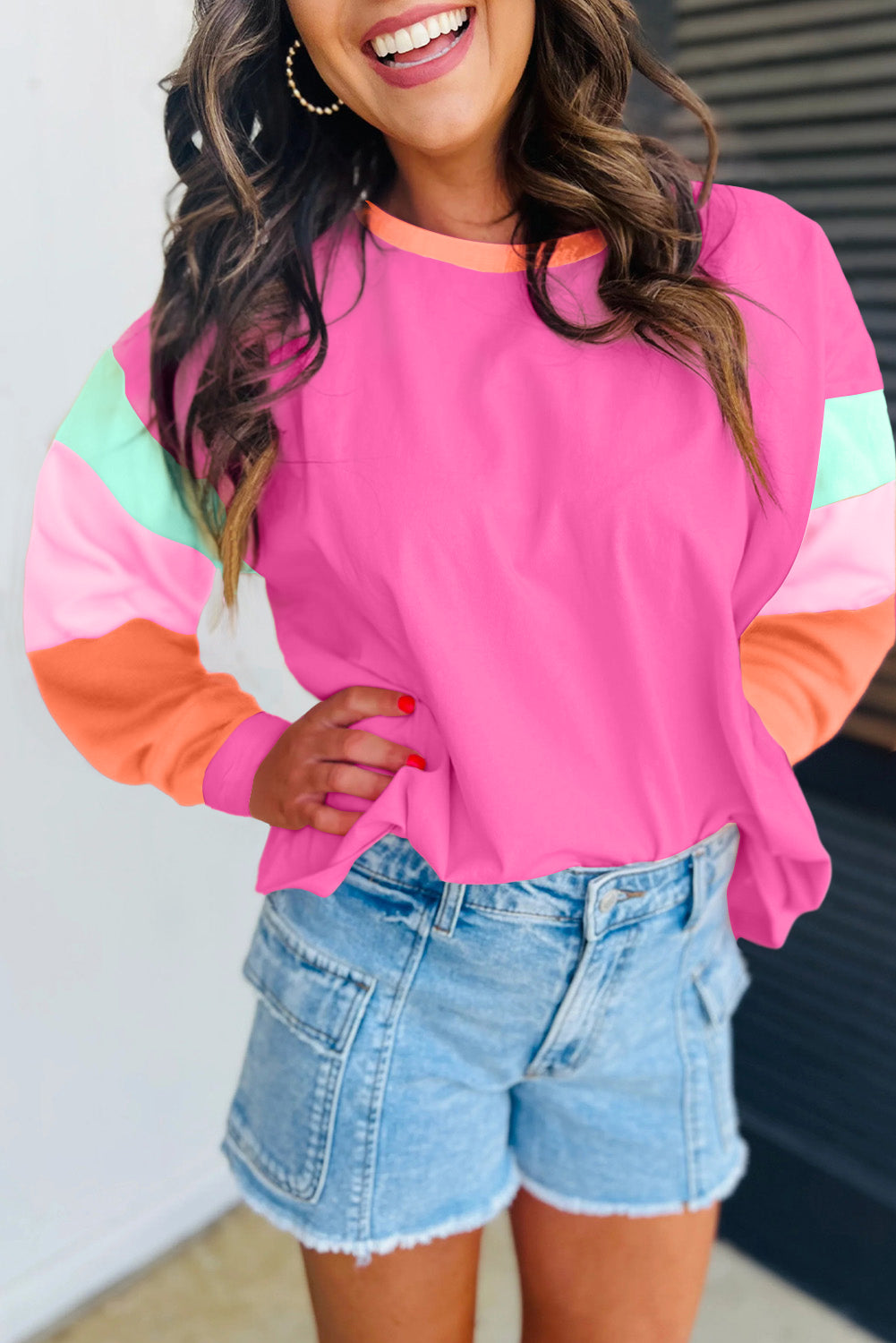 Dark blue colorblock patchwork long sleeve loose top by ModestAndDevoted, featuring cotton-elastane blend and relaxed fit.