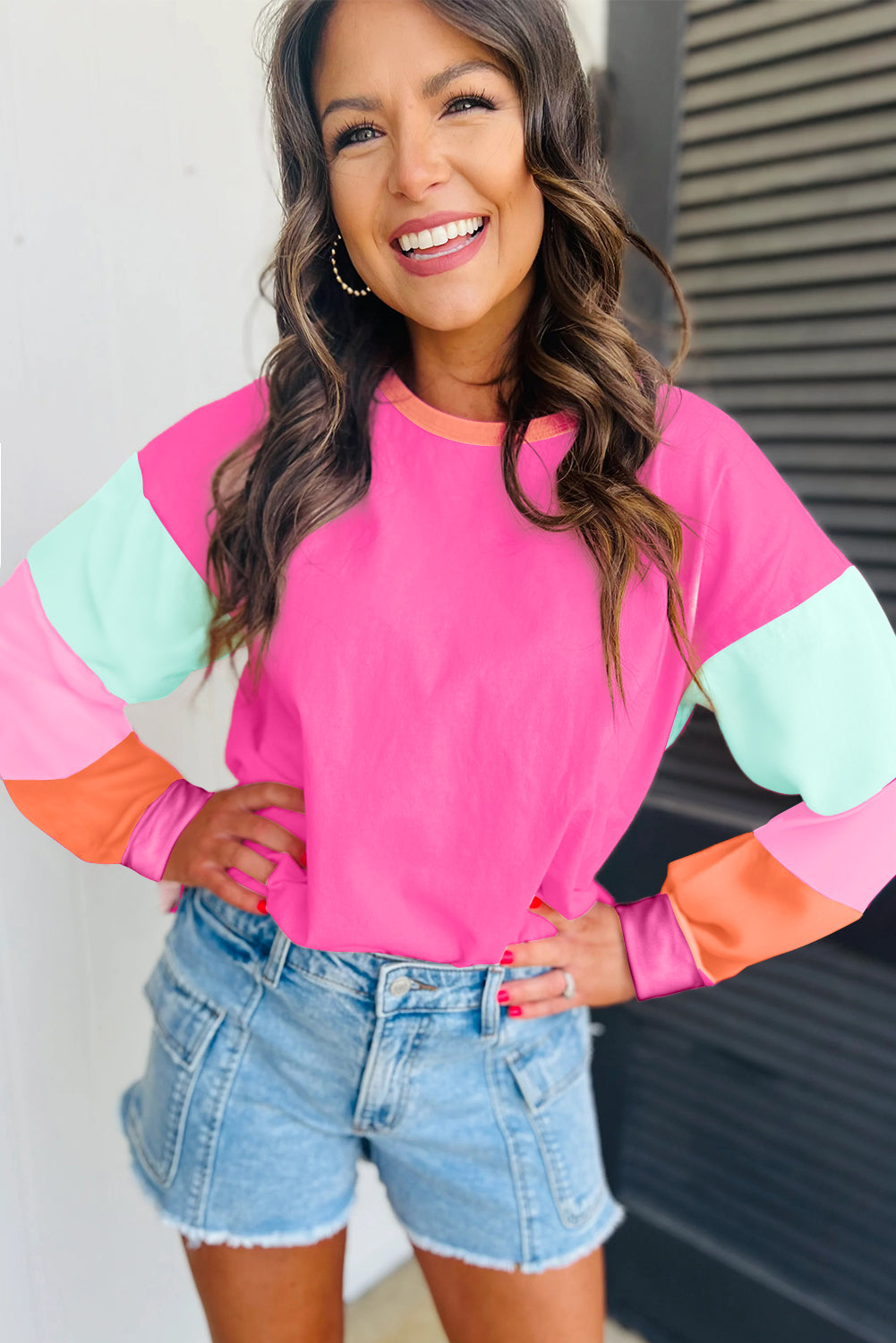 Dark blue colorblock patchwork long sleeve top by ModestAndDevoted, featuring a loose fit, cotton-elastane blend, and stylish design.
