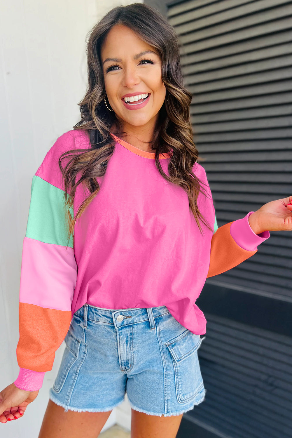 Dark blue colorblock patchwork long sleeve loose top by ModestAndDevoted, featuring a casual, comfortable cotton-elastane blend.