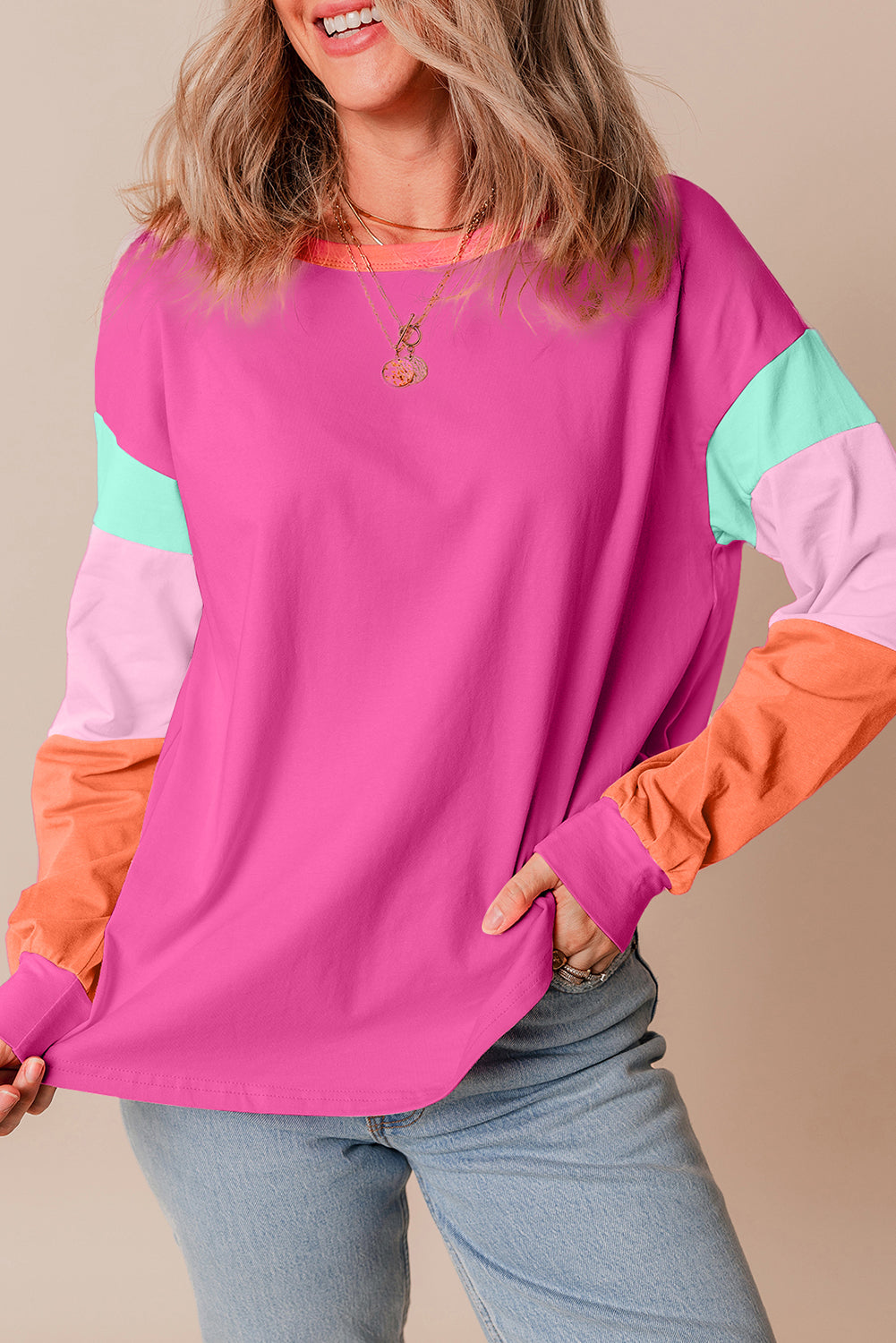 Dark blue colorblock patchwork long sleeve loose top by ModestAndDevoted, featuring a casual cotton-elastane blend and relaxed fit.