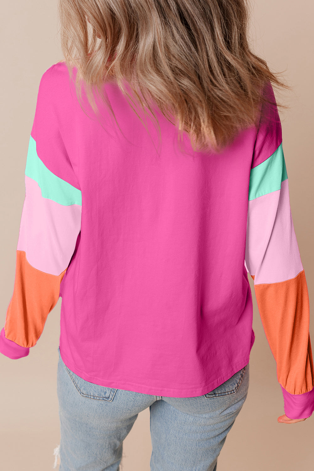 Dark blue colorblock patchwork long sleeve loose top by ModestAndDevoted, featuring a casual, comfortable fit with contrasting fabric panels.