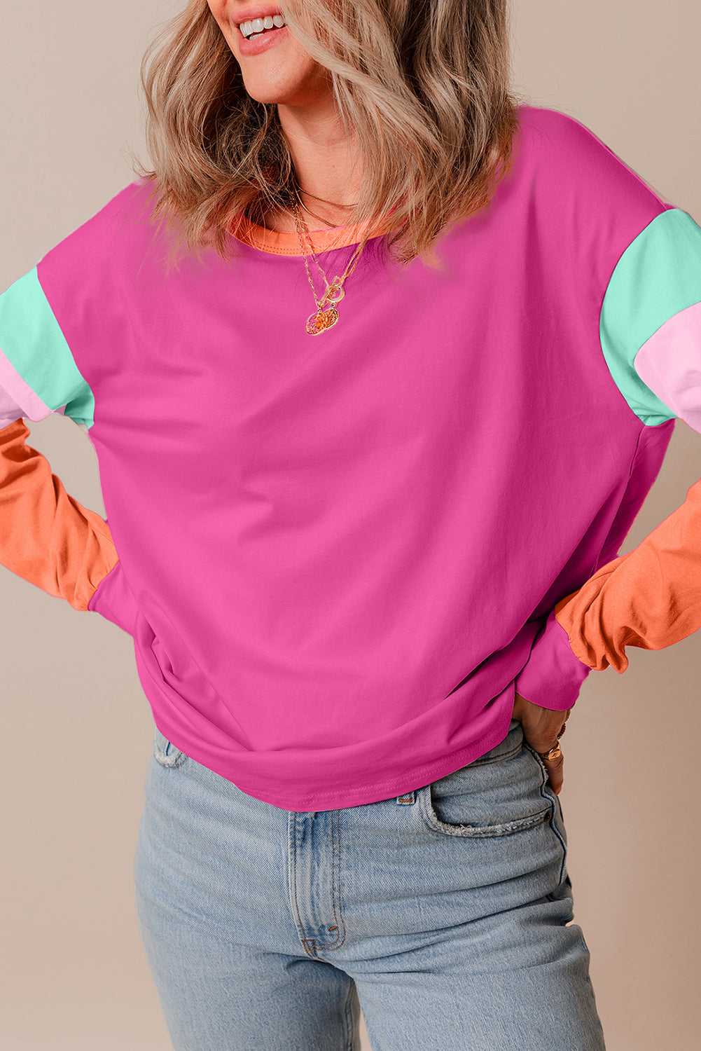 Dark blue colorblock patchwork long sleeve loose top from ModestAndDevoted, featuring a relaxed fit and cotton-elastane fabric blend.