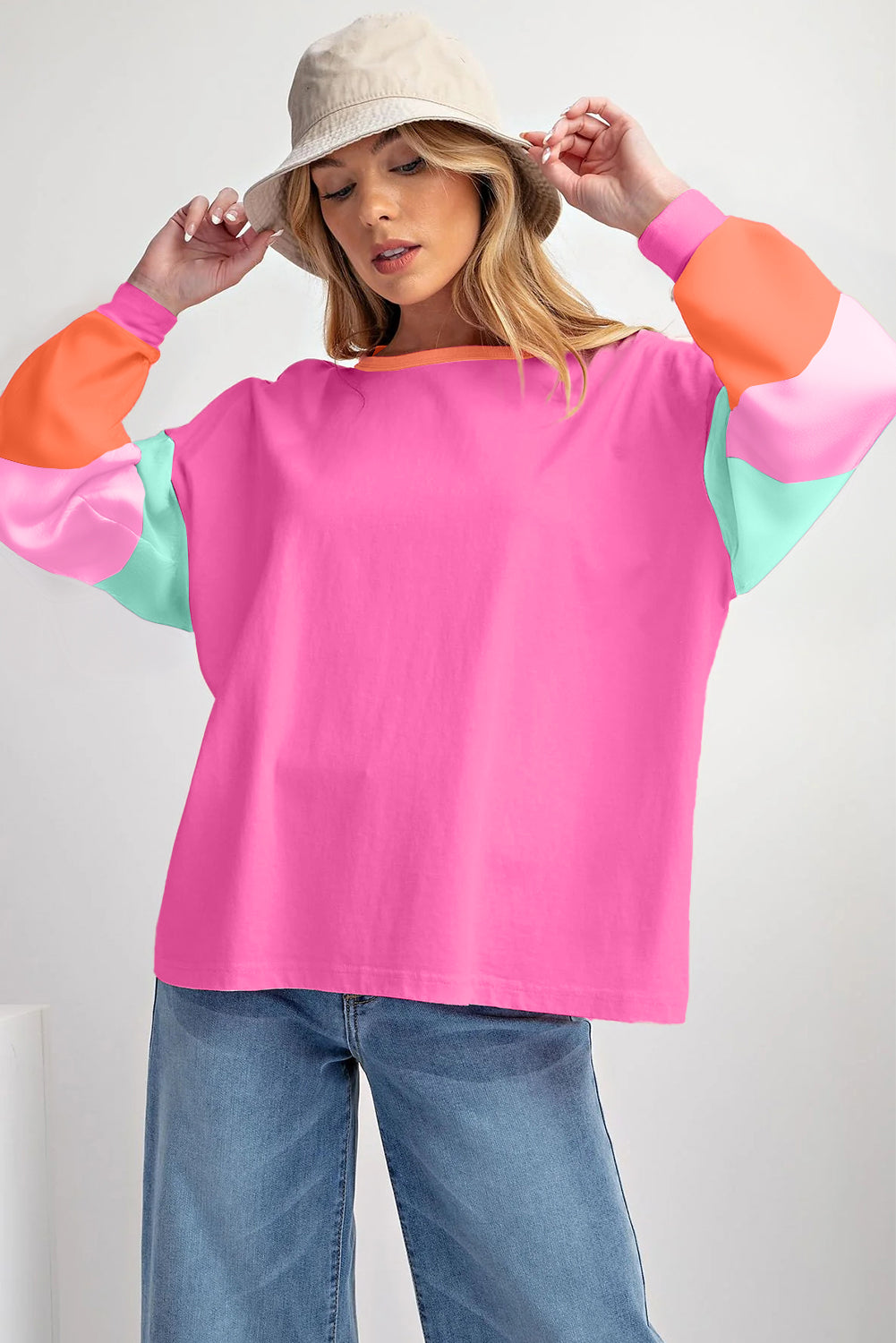 Dark blue colorblock patchwork long sleeve top by ModestAndDevoted, loose fit with cotton-elastane fabric, casual style.
