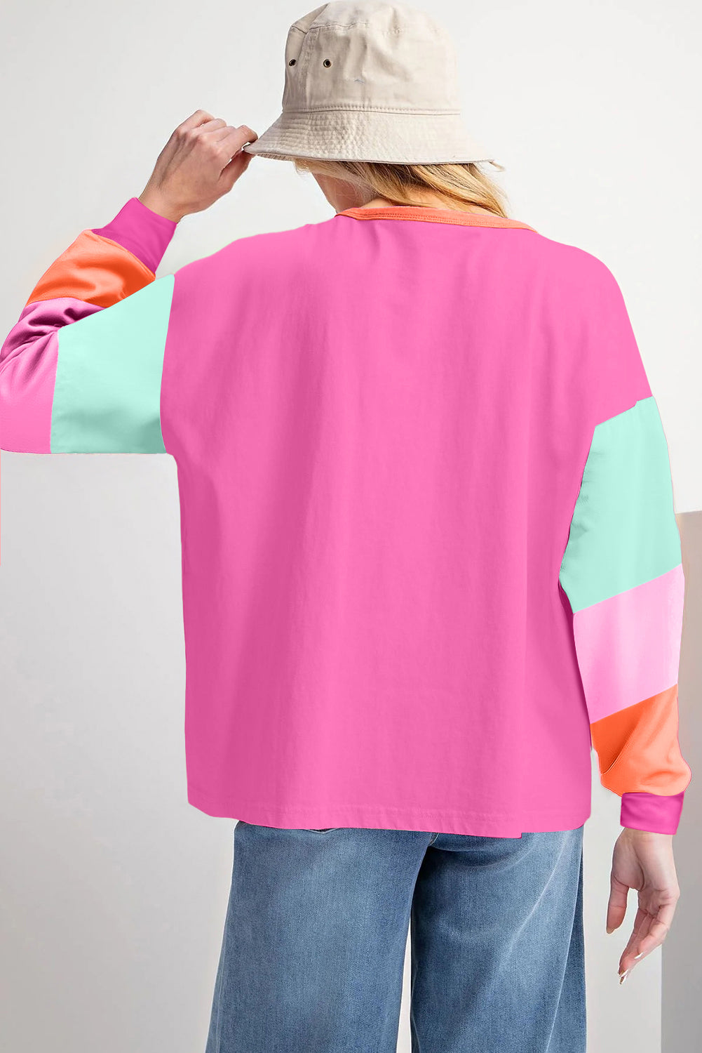 Dark blue colorblock patchwork long sleeve loose top by ModestAndDevoted, featuring a casual, comfortable fit with stylish design details.