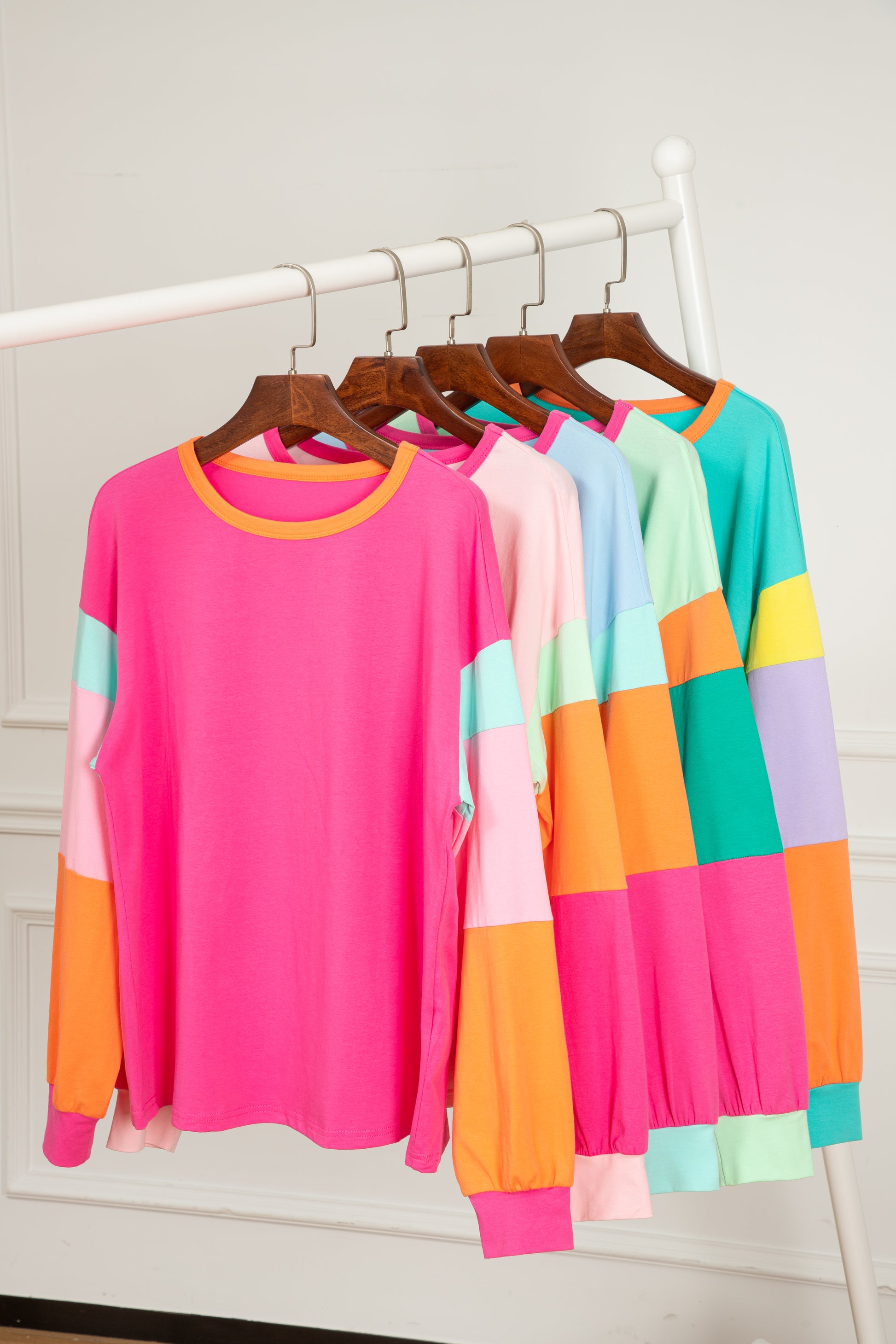 Dark blue colorblock patchwork long sleeve top by ModestAndDevoted, loose fit with cotton-elastane fabric for a casual look.