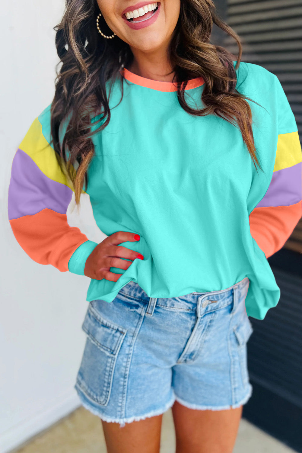 Dark blue colorblock patchwork long sleeve loose top by ModestAndDevoted, featuring a relaxed fit and stylish design.