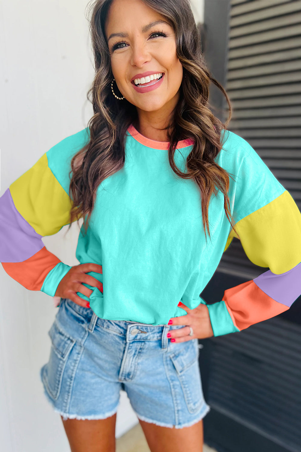 Dark blue colorblock patchwork long sleeve loose top by ModestAndDevoted, featuring a casual, comfortable design with a mix of fabrics.