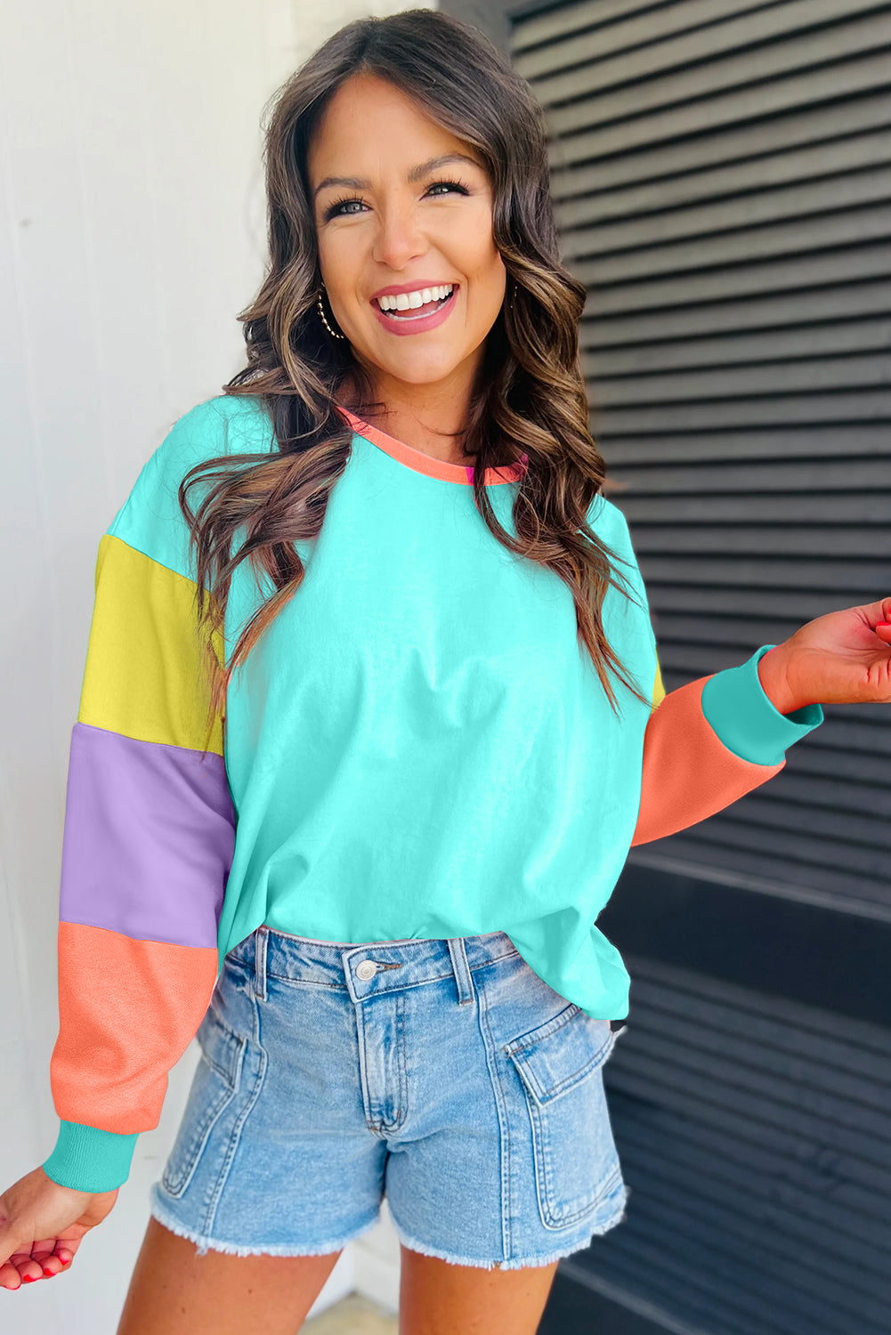 Dark blue colorblock patchwork long sleeve loose top by ModestAndDevoted, made of cotton and elastane, casual and comfortable style.